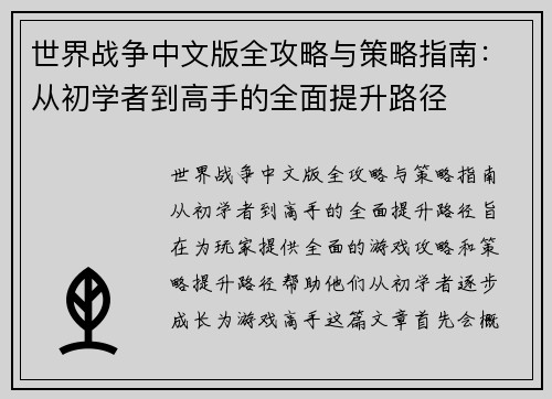 世界战争中文版全攻略与策略指南：从初学者到高手的全面提升路径