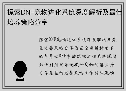 探索DNF宠物进化系统深度解析及最佳培养策略分享